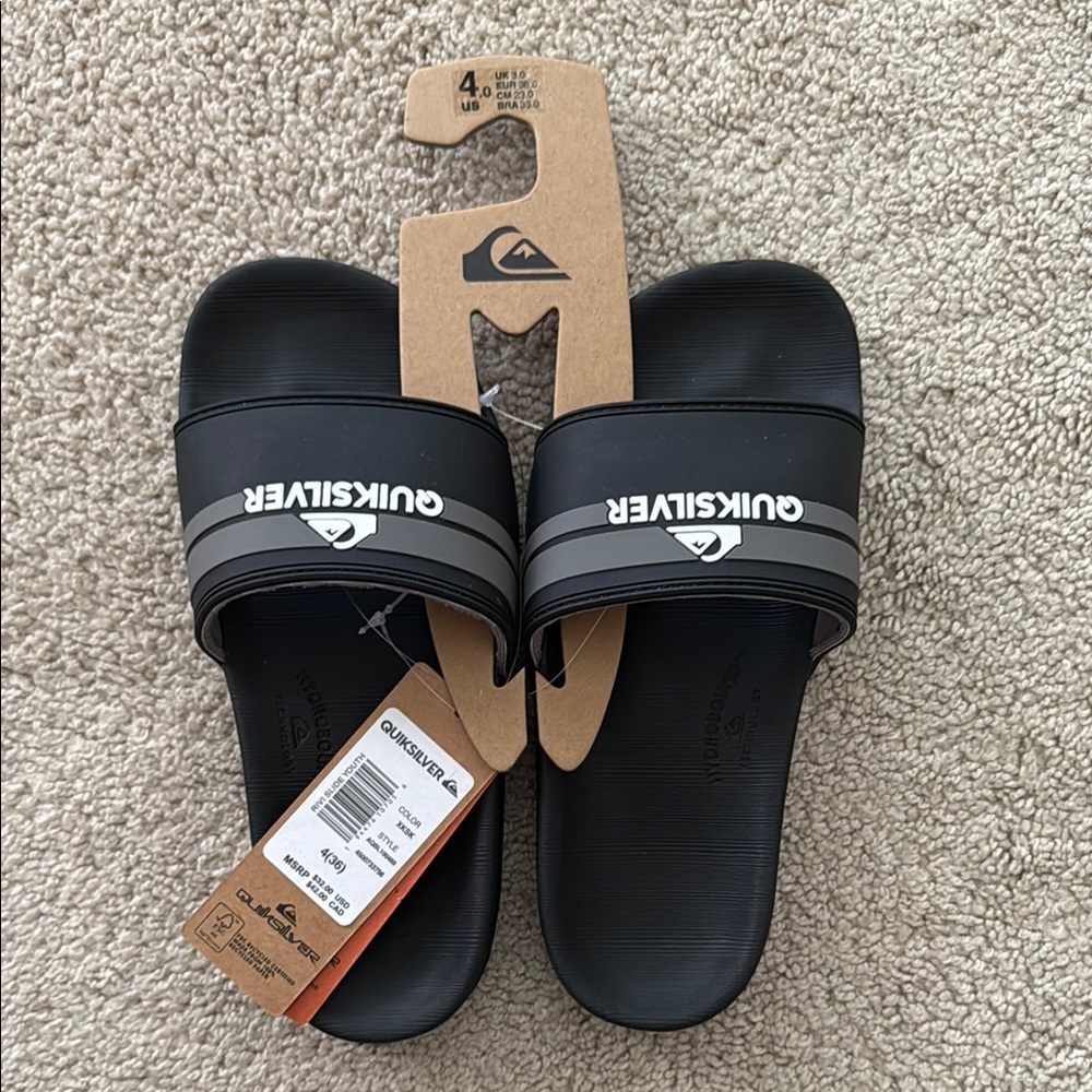 Quiksilver Boys Size 4 Black and Gray Slide Sandals NWT